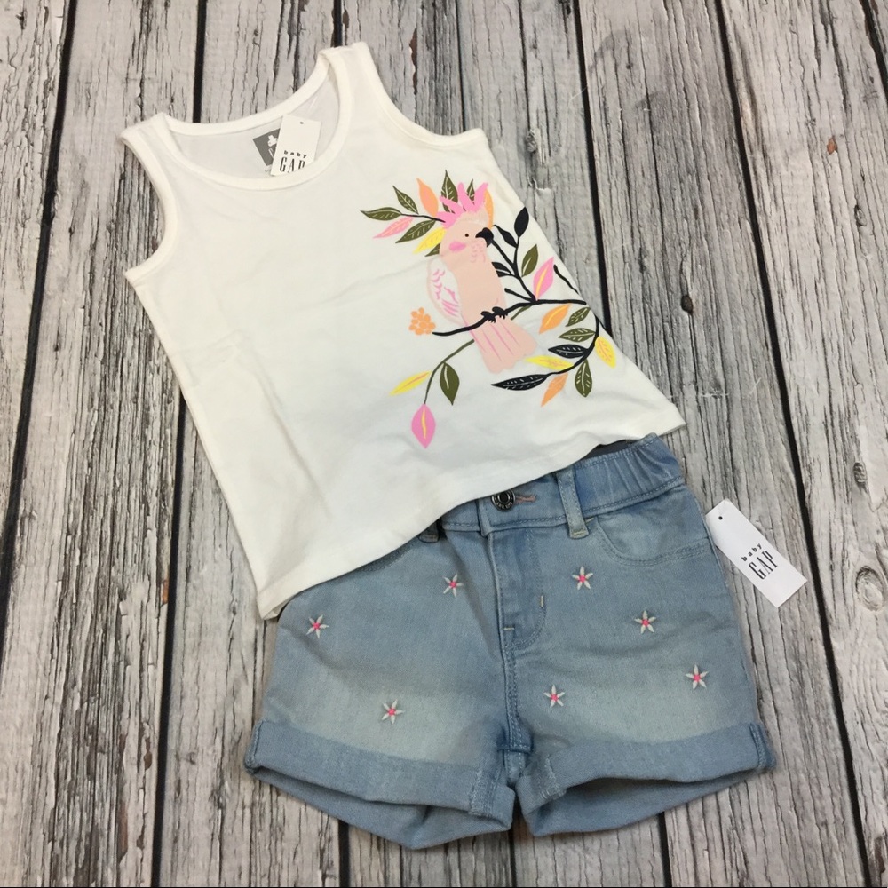 Gap Girls 18-24 2T 4T Bird Shirt & Flower Denim Shorts Outfit NWT - Picture 1 of 7